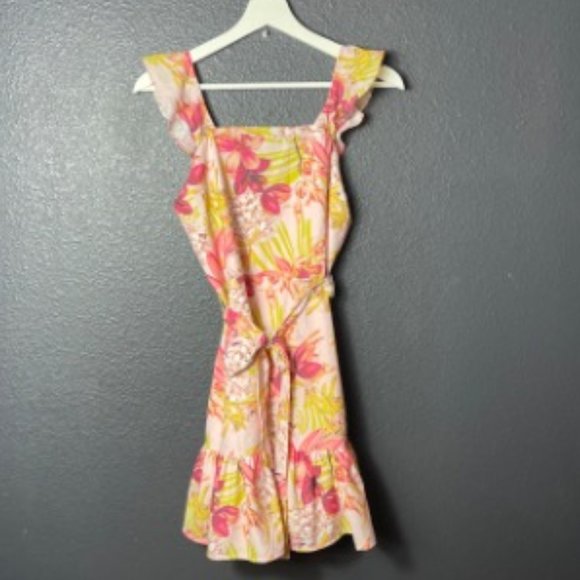 NWT GB Girls Floral Flutter Sleeve Ruffle Tie Waist Hem Dress Pink/Yellow Sz 14 - Picture 2 of 3